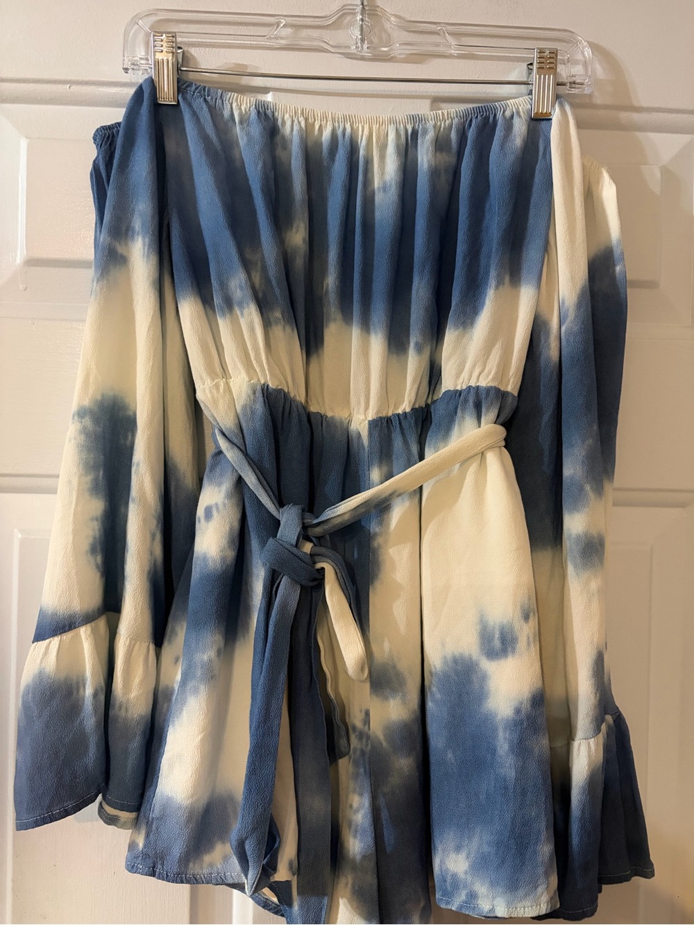Tie dye off shoulder long sleeve romper bell sleeve blue and white Size large.